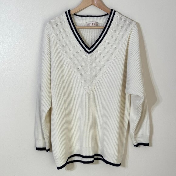 Vtg Venezia Cable Knit V-Neck Oversized Sweater Nautical Sailor Preppy Coastal - Picture 1 of 11